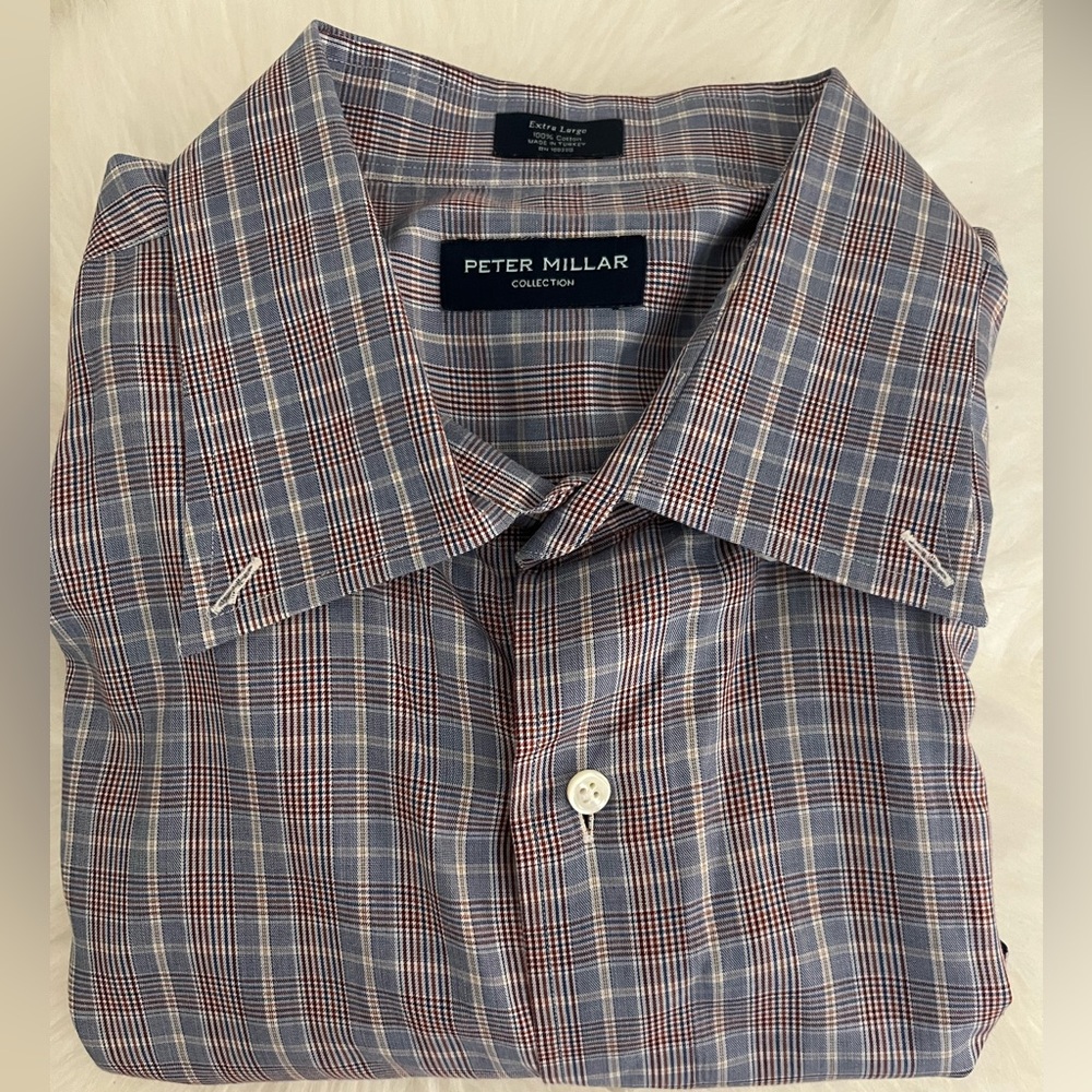 Peter Millar Blue Cotton Plaid Spread Collar Dress Shirt XL- Long Sleeve